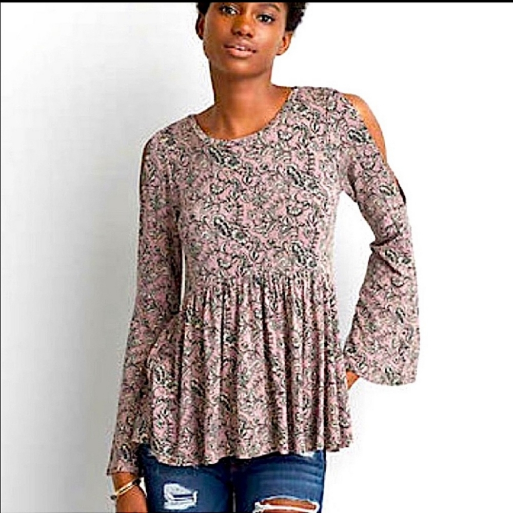 American Eagle Soft & Sexy Dusty Rose Floral Babydoll Blouse, Size Small